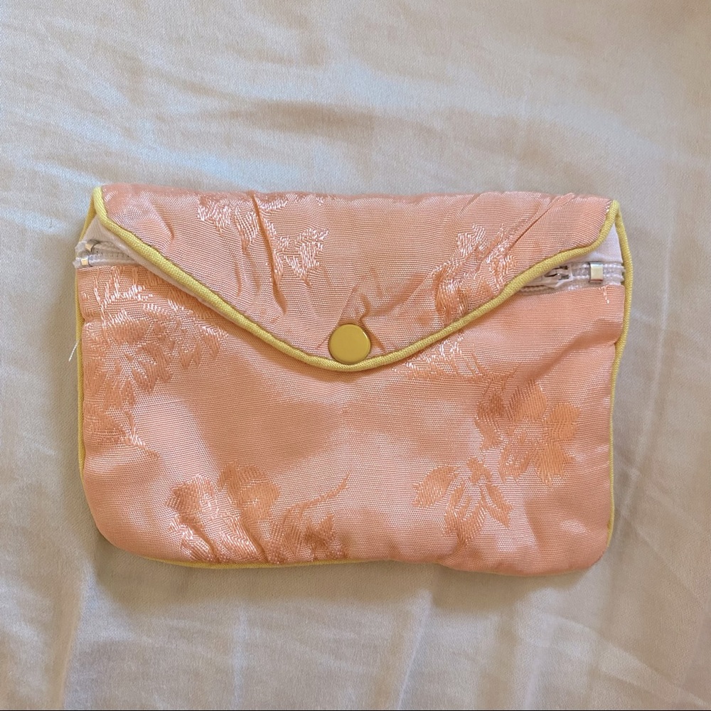 Pale Peach Satin Floral Fabric Zipper Pouch with Yellow Snap